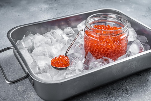 Caviar de saumon rouge dans un bocal en verre debout dans un plateau avec des glaçons. Fond gris. Vue de dessus.