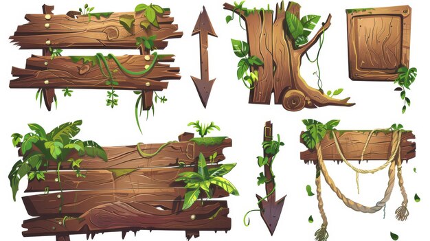 Ceci est un ensemble moderne de panneaux en bois avec des vignes rampantes et des feuilles vertes Un ensemble d'actifs modernes pour une interface de jeu de dessins animés Les panneaux comprennent un pointeur de flèche une corde de plante de jungle et