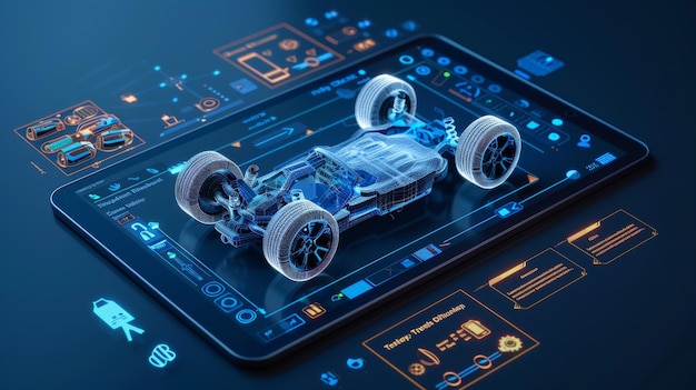 Ceci est une illustration d'une application de diagnostic sans fil à distance affichée sur une tablette Une animation montre un modèle 3D d'une voiture électrique scannée par des blocs de pièces de moteur individuels