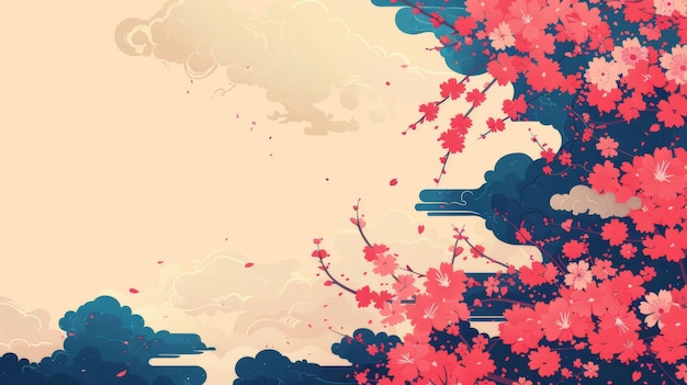 Photo ceci est une illustration moderne de fleurs et de nuages, un motif de fleurs de cerisier, un style d'affiche traditionnel d'asie.