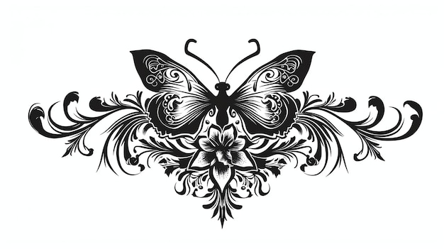 Photo ceci est une illustration vectorielle en noir et blanc d'un papillon avec des détails floraux complexes