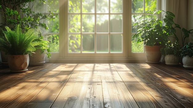 Ceci est une maquette d'une pièce vide avec un plancher en stratifié de bois et la lumière du soleil jetant une ombre sur le mur C'est un exemple de design d'intérieur minimal