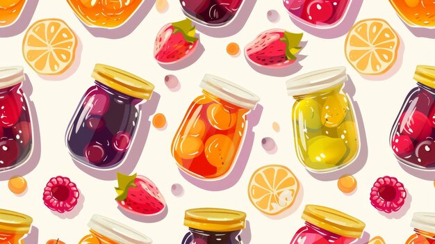 Photo ceci est un modèle de confiture de fruits poivrés confitures de gelée marmelade dans des jarres illustration moderne plate colorée de conserves sucrées