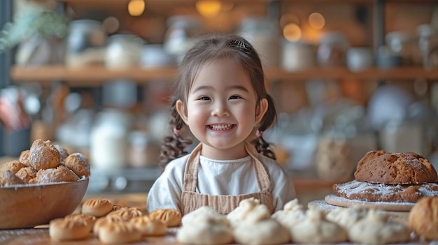 Photo ceci est une photo d'une joyeuse famille asiatique aimante avec une petite fille asiatique comme sa fille et le père cuisinant ensemble sur la table de la cuisine tout en faisant du gâteau et de la pâte à biscuits faits maison