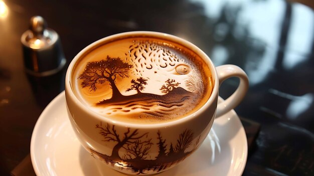 Photo ceci est une photo d'une tasse de café avec un beau dessin artistique de latte d'une scène forestière le café est dans une tasse blanche et est assis sur une soucoupe blanche