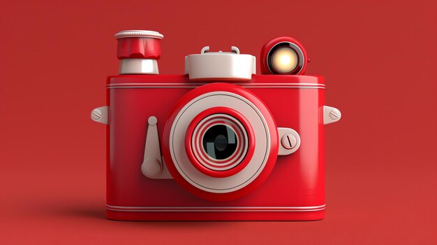 Photo ceci est un rendu 3d d'une caméra rouge et blanche la caméra a un design rétro et un flash sur le dessus la caméra est isolée sur un fond rouge