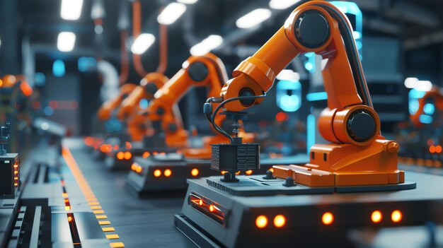 Photo ceci est un rendu 3d d'une ligne d'assemblage automatisée les bras robotiques orange sont en focus avec un fond flou de l'usine