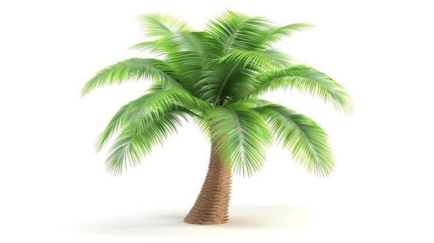 Ceci est un rendu 3D d'un palmier réaliste. Il a un seul tronc et des feuilles vertes et est isolé sur un fond blanc.