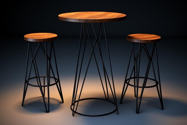 Ceci est un rendu 3D d'une table de bar avec deux tabourets la table est faite de bois et a une base métallique