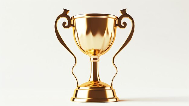 Ceci est un rendu 3D d'un trophée en or. Il a une surface brillante. Le trophée est assis sur une surface blanche. Le fond est blanc.