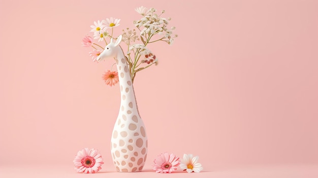 Ceci est un rendu 3D d'un vase en forme de girafe avec un bouquet de fleurs à l'intérieur