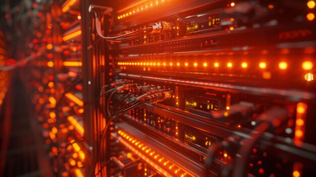 Ceci est une vue d'en haut d'une armoire de serveur remplie de nombreux câbles orange dans une ferme de rendu sombre avec un seul projecteur Il est organisé avec des câbles Ethernet colorés Il a un sans fin sans couture