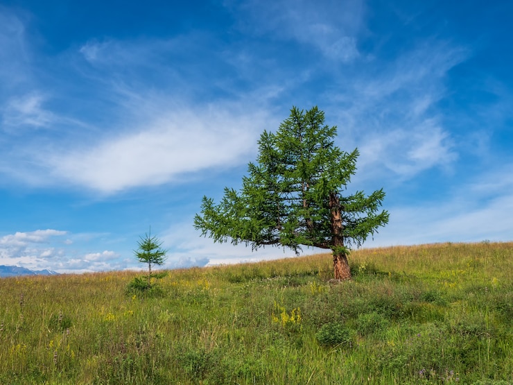 Photo cèdre solitaire bizarre sur fond de montagnes enneigées. paysage verdoyant atmosphérique avec arbre dans les montagnes.