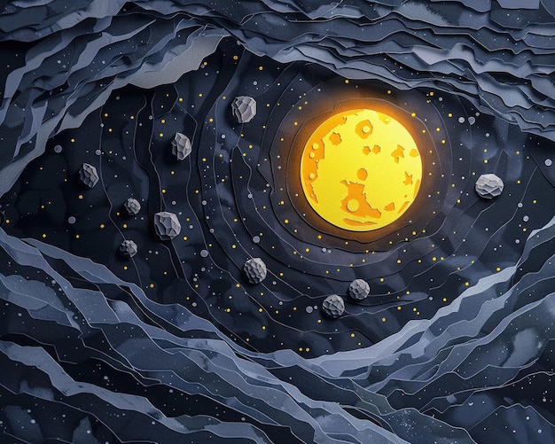 Ceinture d'astéroïdes coupé en papier 3D voyage spatial en couches astéroïdes lueur du soleil lointain