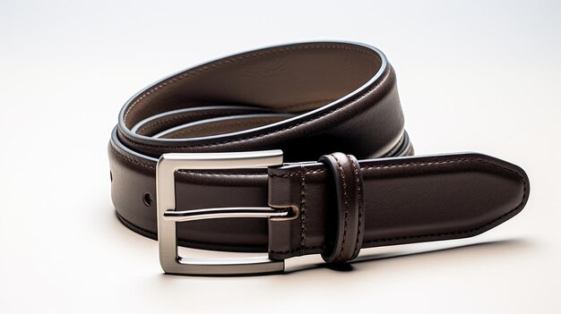 une ceinture en cuir pour hommes attachée avec une boucle en métal mat foncé sur un fond blanc vif parfait pour mettre en évidence l'élégance et la tendance de cet accessoire noir