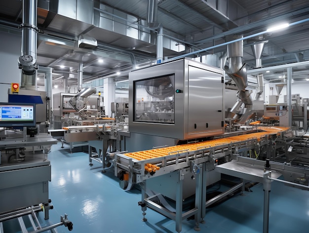 Photo ceinture transportatrice générative ai avec biscuits dans un équipement de machines d'usine alimentaire