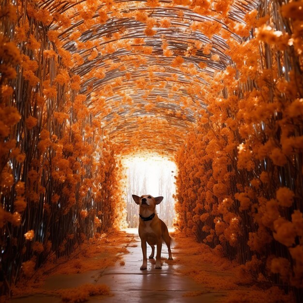 Photo celebrando la vida perros y gatos jugando entre las flores de cempasuchil guiados hacia la luz en (célébrant la vie des chiens et des gats en jouant entre les fleurs de cembasuchil)