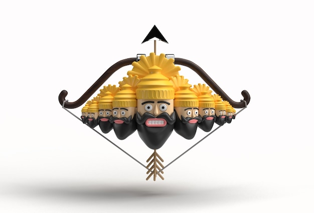 Célébration 3D de Dussehra - Ravana dix têtes avec arc et flèche - Tracé de détourage créé par l'outil stylo inclus dans JPEG Facile à composer.