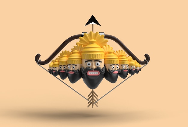 Célébration 3D de Dussehra - Ravana dix têtes avec arc et flèche - Tracé de détourage créé par l'outil stylo inclus dans JPEG Facile à composer.