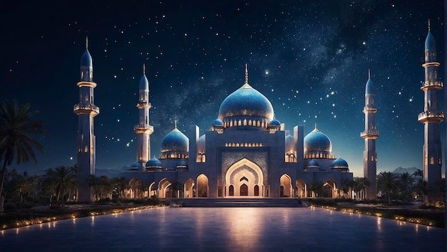 Célébration de l'Aïd al-Fitr La mosquée brille sous le ciel étoilé de la nuit avec le croissant de lune