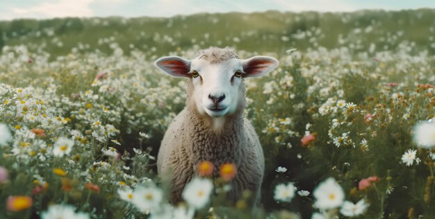 Photo célébration de l'aïd mignon mouton dans un champ de fleurs merveilleuses et colorées