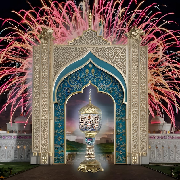 Célébration de l'Aïd Moubarak Lampe royale Porte de la mosquée avec des feux d'artifice Ramadan Kareem Image de stock