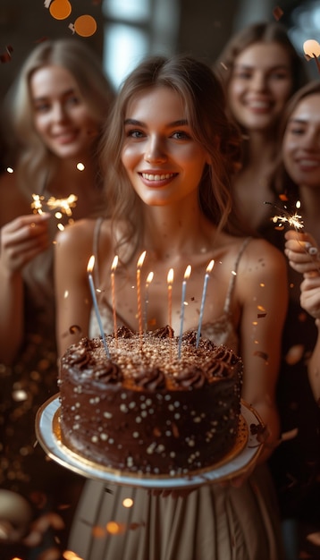 Célébration Des amis dégustent ensemble un gâteau au chocolat sucré