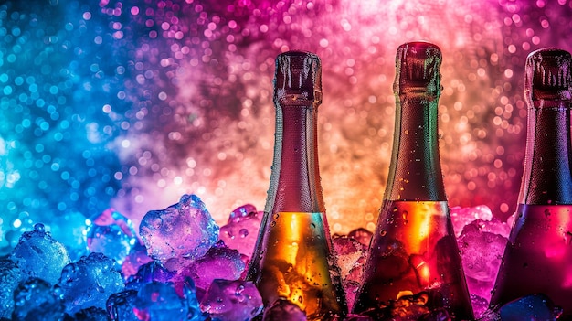 Photo une célébration animée avec des bouteilles de champagne étincelantes et des lumières colorées.