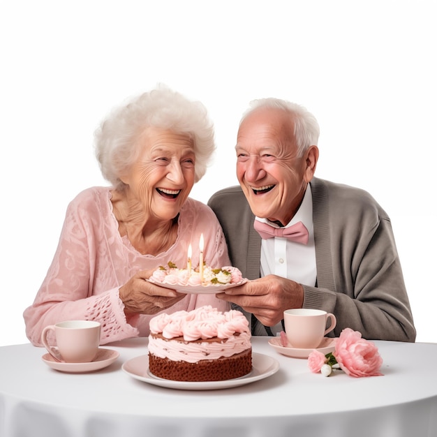 Célébration des années d'or du couple senior avec un gâteau d'anniversaire
