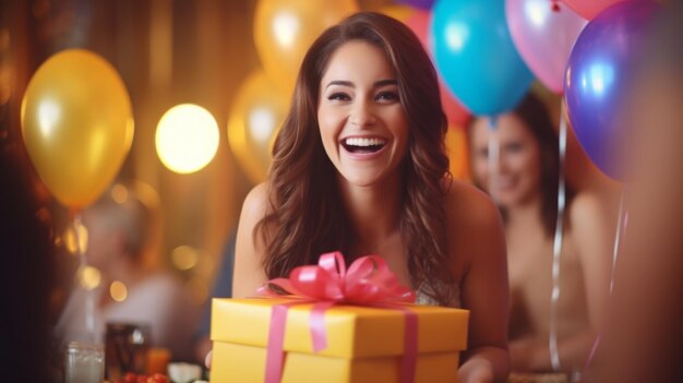 Célébration d'anniversaire avec une boîte cadeau en or et des amis ai générés