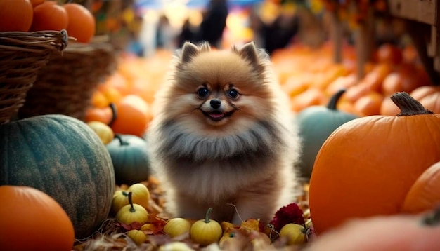 Célébration d'automne Adorable chien de Poméranie parmi les citrouilles et les décorations de récolte