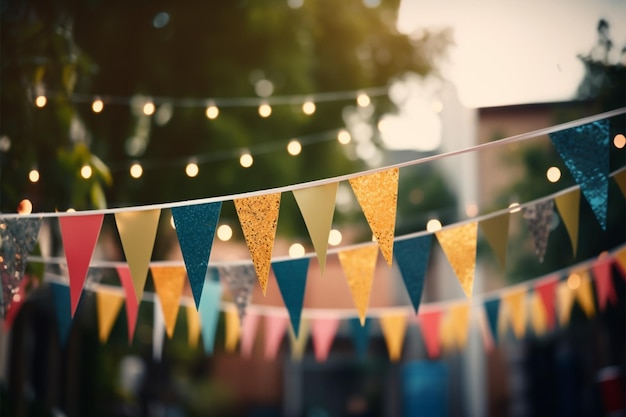 Célébration aux tons vintage avec des drapeaux triangulaires décoratifs lors d'une fête en plein air