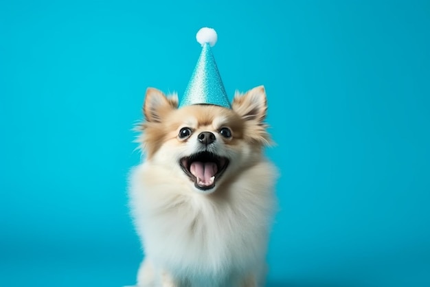 Célébration canine festive chien adorable avec chapeau de fête rouge et éruption sur fond bleu créé wi