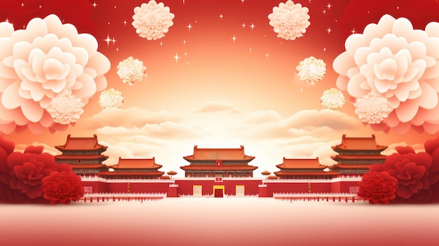 Photo célébration chinoise place de tiananmen cadre rouge lanternes de fond nuages de bon augure se pliant ventilateurs