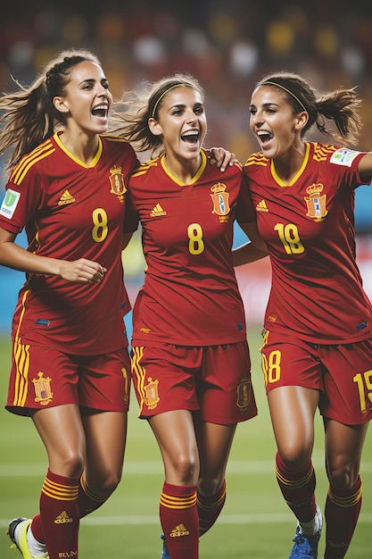 Célébration cinématographique de l'équipe féminine espagnole de football triomphante en rouge et jaune emblématique