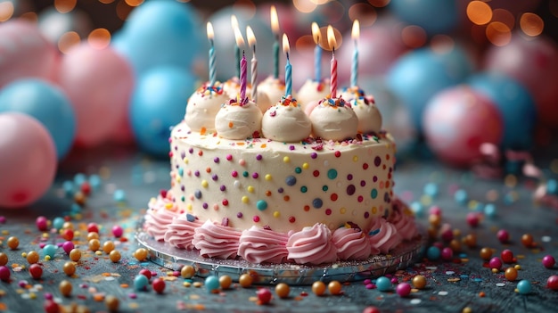 Célébration colorée d'un anniversaire avec du gâteau et des ballons