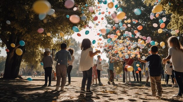 Célébration colorée des enfants au parc rempli de ballons et de plaisir en plein air