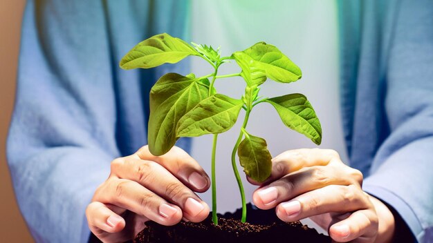 Célébration de la croissance Photo captivante de mains tenant une jeune plante verte Embrassez la beauté