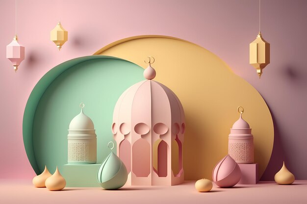 Célébration et décoration du Ramadan Kareem, conception d'illustration de rendu 3D