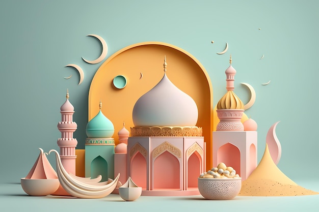 Célébration et décoration du Ramadan Kareem, conception d'illustration de rendu 3D