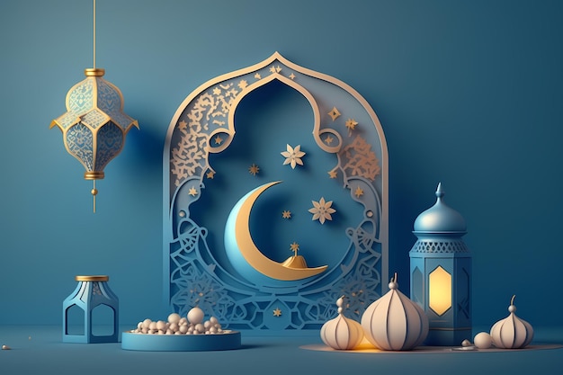 Célébration et décoration du Ramadan Kareem, conception d'illustration de rendu 3D