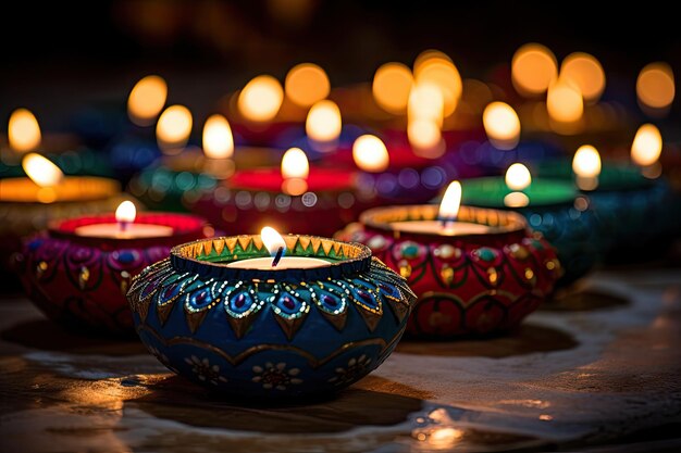 Célébration de Diwali avec des lampes de diya colorées