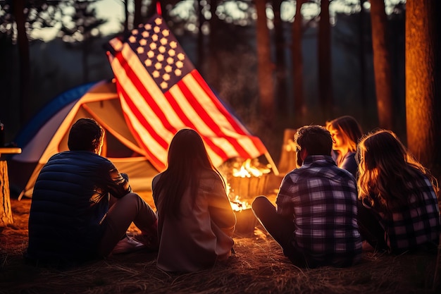 Célébration du 4 juillet camping avec feu et drapeau américain