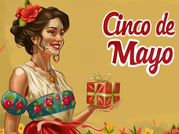 Célébration du Cinco de Mayo avec une femme en vêtements traditionnels mexicains tenant une boîte à cadeaux