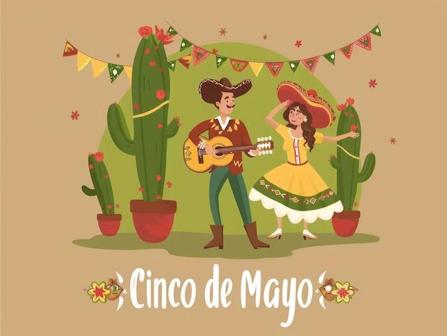 Célébration du Cinco de Mayo avec un homme et une femme en vêtements traditionnels mexicains dansant jouant de la guitare