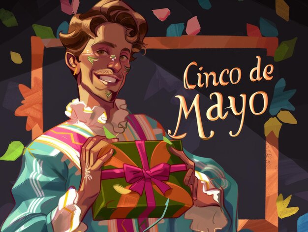 Célébration du Cinco de Mayo avec un homme en vêtements traditionnels mexicains tenant une boîte à cadeaux