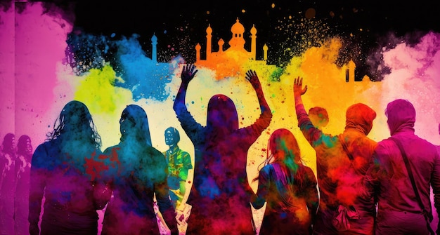 Photo célébration du festival holi, les silhouettes colorées des gens se barbouillent et se trempent de couleurs