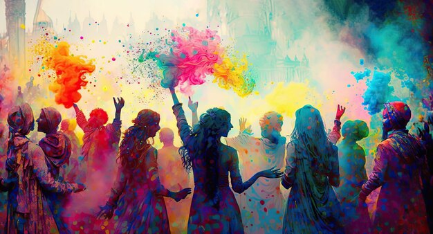 Photo célébration du festival holi, les silhouettes colorées des gens se barbouillent et se trempent de couleurs