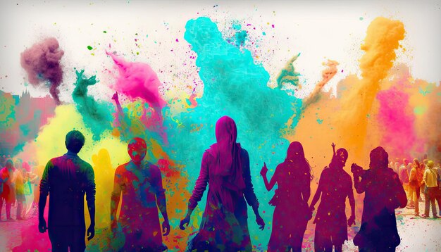 Photo célébration du festival holi, les silhouettes colorées des gens se barbouillent et se trempent de couleurs