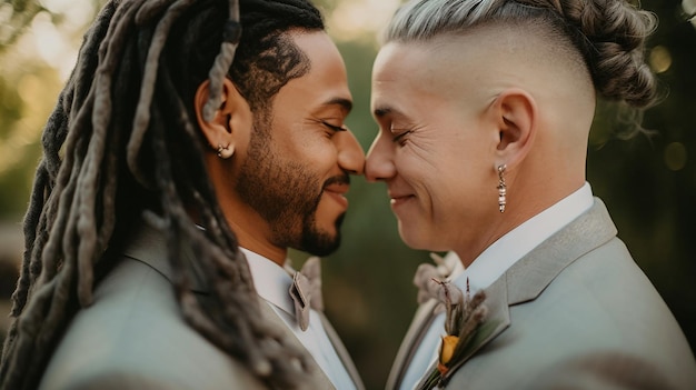 Célébration du jour du mariage de beau couple gay profiter de la vie